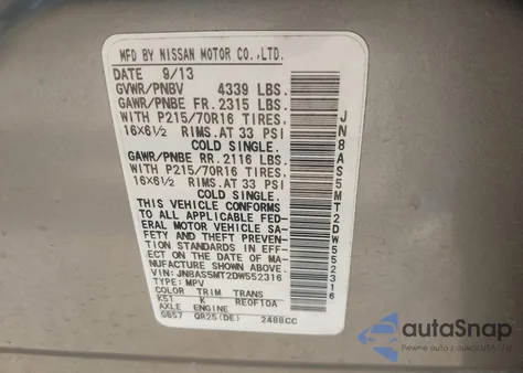 2013 Nissan Rogue S из США, поврежденный, VIN JN8AS5MT2DW552316